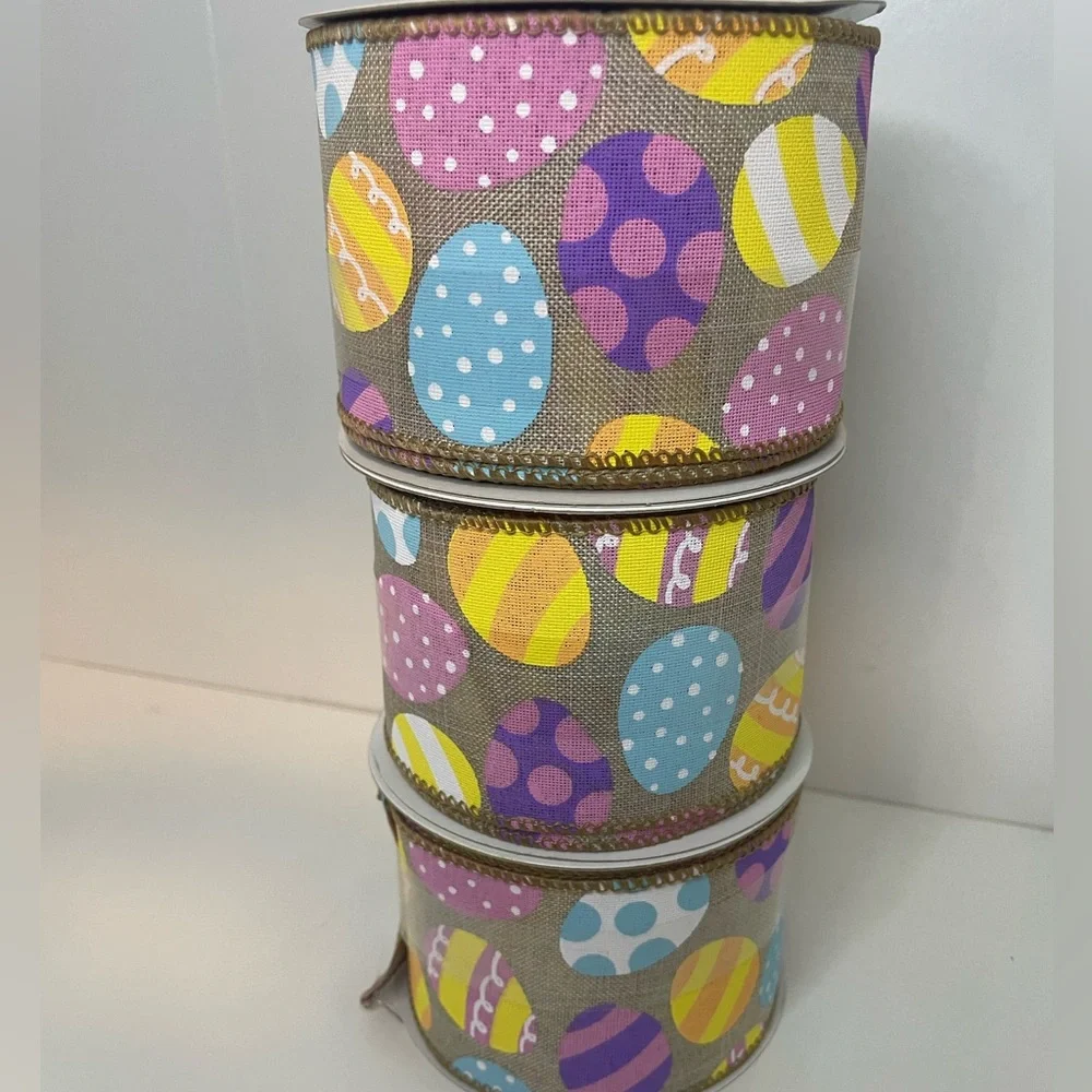 Burlap Ribbon with Colorful Easter Egg Design, Easter wired ribbon, 2.5”x20ft